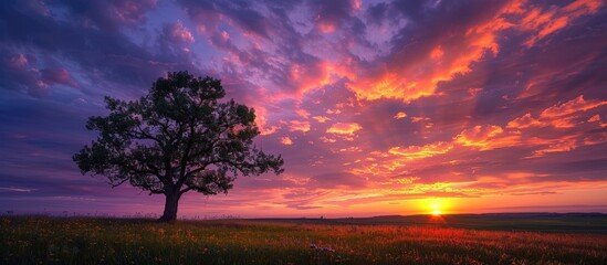 Stunning Sunset Over a Lone Tree in a Vibrant Field with Dramatic Sky and Colorful Clouds
