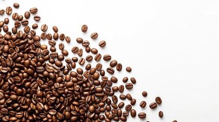 Naklejka premium Brown Coffee Beans Scattered on White Surface: A Perfect Morning Brew