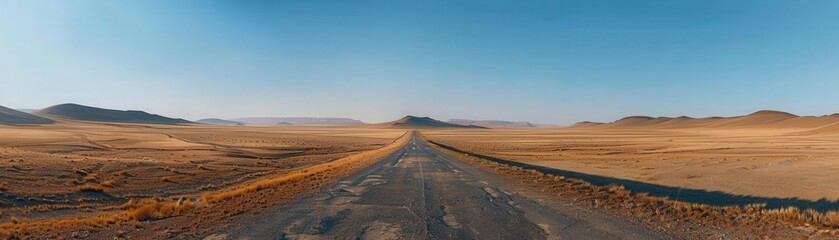 Naklejka premium Endless Desert Road Leading to Distant Mountains Under Clear Blue Sky in Panoramic View