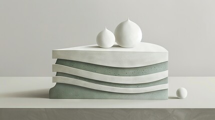   A cake with two eggs on top sits beside a white object on a white table