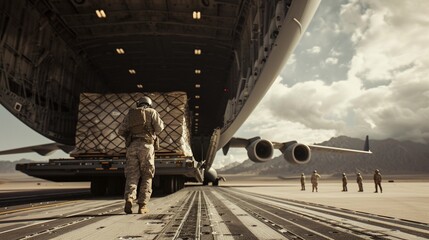 Military cargo planes unloading supplies on an airstrip, realistic photo, high resolution, detailed logistics, coordinated activity