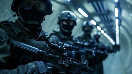 Fototapeta premium Special forces team examining a variety of hightech guns in a secure underground facility, realistic photo, high detail, dramatic lighting, tactical readiness