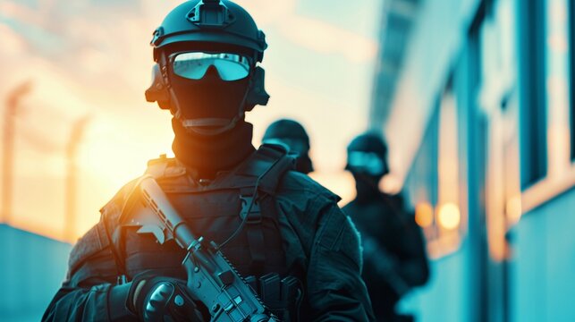 Armed security guards in tactical uniforms patrolling a highsecurity perimeter, realistic photo, detailed shadows, advanced surveillance technology, vigilant stance