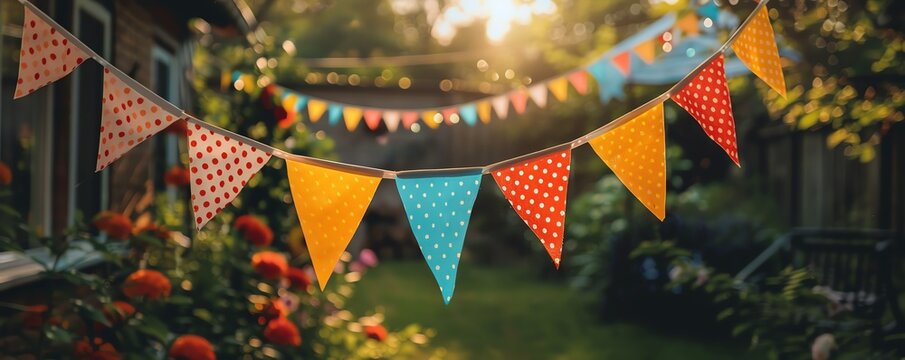 Colorful party flags strung across a backyard, celebrating an event.
