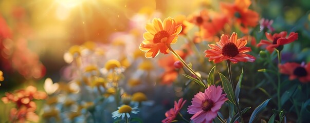 Close-up of vibrant orange and pink wildflowers in a sunlit meadow.