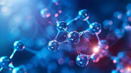 Molecular structure in blue and red with dynamic bonds and atoms for modern science technology research innovation chemical analysis and futuristic biological development concept.