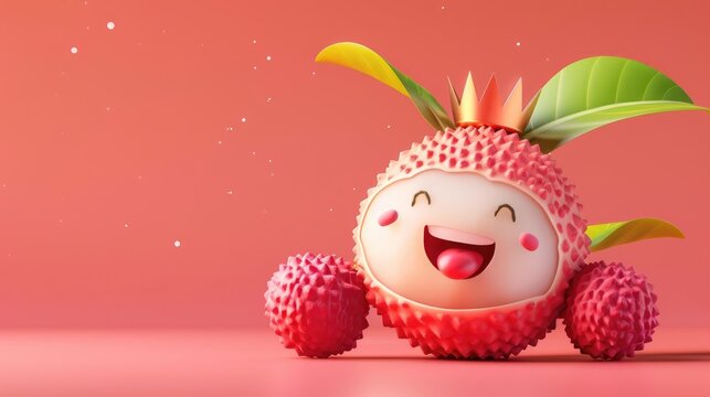A smiling cartoon lychee with a joyful expression, wearing a tiny crown.