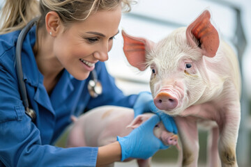 female veterinarian inspecting a pig at an agricultural farm