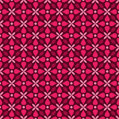 Seamless geometric pattern, with beautiful four-petal leaf shapes in pink and dark red. Suitable for various textile design purposes, tiles, wallpapers, backgrounds, etc.