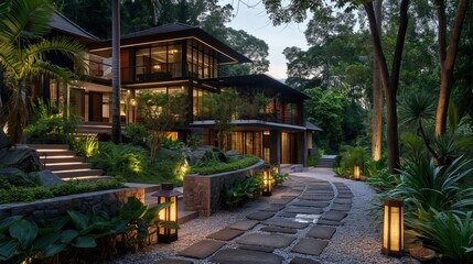 Obraz premium Modern Home in Lush Tropical Landscape