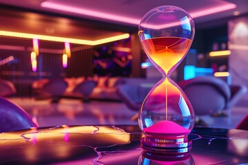 Hourglass on table in trendy neon lit lounge.
