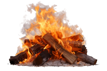 Isolated bonfire with realistic flames and smoke on transparent background for digital design and illustration projects, high-quality PNG for easy integration into various creative works
