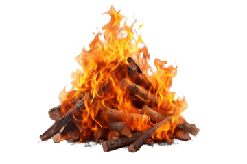 Isolated bonfire with realistic flames and smoke on transparent background for digital design and illustration projects, high-quality PNG for easy integration into various creative works