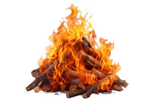Isolated bonfire with realistic flames and smoke on transparent background for digital design and illustration projects, high-quality PNG for easy integration into various creative works