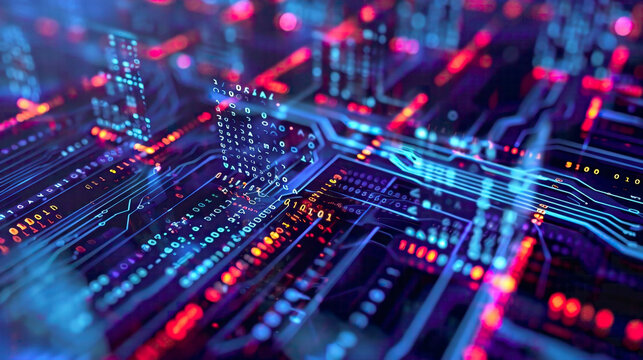 3D illustration of blockchain information flows in digital global networks showcasing data cells with binary code elements representing secure data transfer and encryption 