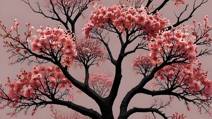 Illustration A tree blossoms with abstract pink flowers