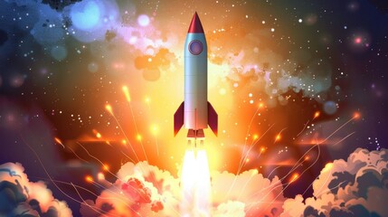 Illustration of a rocket launch, symbolizing business or project startup, with dynamic background elements.