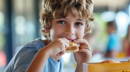 Young student with a lunchbox taking a bite of a delicious sandwich during school break.