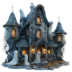 Fototapeta premium A spooky haunted house with glowing windows and ghostly figures. Perfect for Halloween decorations and designs. cut out. png. transparent background.
