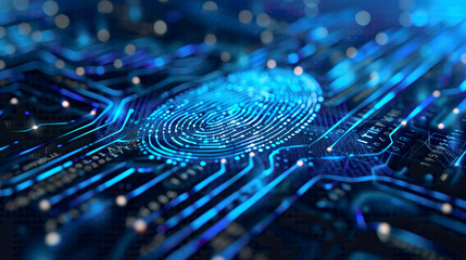 Artwork illustrating the futuristic concept of digital processing with a biometric fingerprint scanner