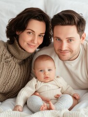 Fototapeta premium Parents playing with baby in warm colors, front view on white background with copy space, deep depth of field, all objects in focus.