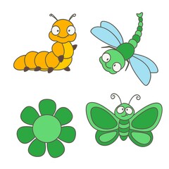 Set for children cartoon insects, bugs yellow caterpillar, green butterfly, black green flower, green dragonfly isolated on white background