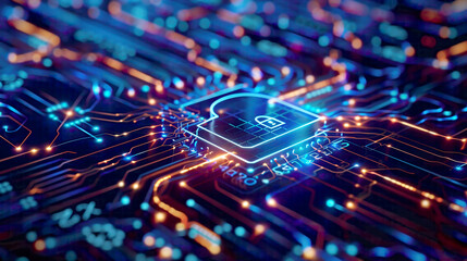 Business technology privacy and cyber security concept featuring a lock icon digital network and blue tech background emphasizing data protection 