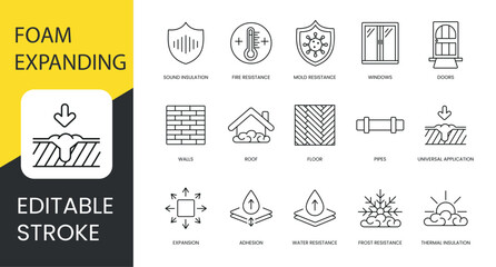 Polyurethane foam properties and places of application, vector line icon set with editable stroke, Adhesion and Water and Frost resistance, Doors and Sound insulation, Roof and Windows