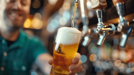 Bartender pouring fresh pint, rows of beer kegs, cheerful customer, dynamic bar setting