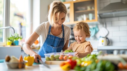 Loving Mother Packing Nutritious Lunchbox for Child in Sunlit Kitchen