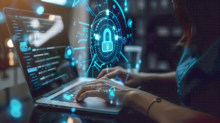 Businesswoman in the office using a laptop choosing a virtual security icon business technology internet and networking concept modern blue tech background 