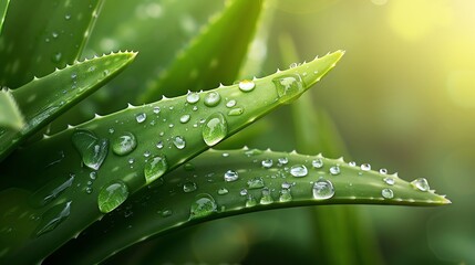 Naklejka premium Fresh aloe vera leaves, Dewy and green, Soft background, Bright and soothing, Digital rendering,