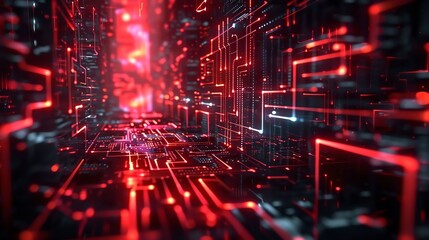 Abstract futuristic circuit board with glowing neon lights in red and blue, representing digital technology and advanced data processing.