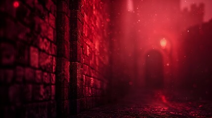 Naklejka premium Ominous Crimson-Lit Castle Amid Eerie Mist - Haunting Gothic Architecture for Halloween and Vampire Themes