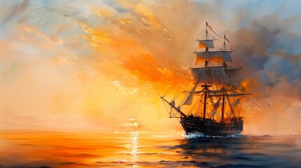 Classic naval ship at sunset, majestic craft, golden hour glow, warm tones, oil painting, serene voyage