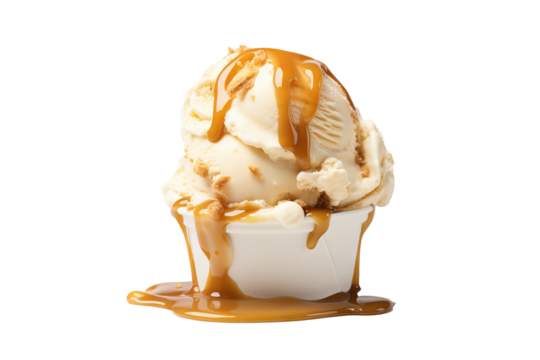 Delicious butterscotch ice cream scoop PNG with transparent background for dessert designs and food illustrations