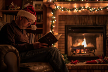 Man with Santa Hat Reading by Cozy Christmas Fireplace
