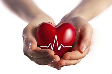 The hands are holding a red heart with a cardiogram symbol. Healthcare. Organ donation. World Heart Day. The concept of medicine.