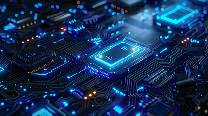 Fototapeta premium Cyber security and data protection featuring locks on a blue integrated circuit firewall to prevent hacker attacks detailed and futuristic design 
