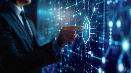 Cyber security and data protection for business young businessman selecting a virtual security icon privacy concept withand network elements 