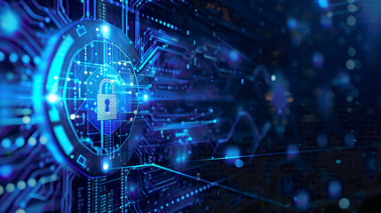 Fototapeta premium Cyber security and information privacy concept network protection with antivirus icons lock and shield symbols on a blue digital background tech-focused design 