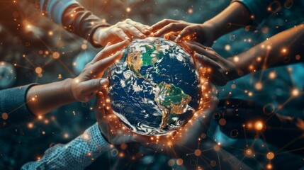 A group of culturally diverse individuals holding hands around a globe interconnected by data streams representing climate change unity.