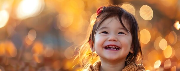 Fototapeta premium Portrait of a smiling Asian little girl, vibrant colors, outdoor background, cheerful and lively