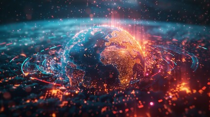 A powerful digital scene featuring a diverse crowd encircling a glowing earth their arms linked in unity while vibrant data streams form a complex web between them symbolizing the