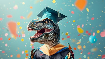 Fototapeta premium Surreal of Tyrannosaurus Rex Wearing Graduation Attire in Confetti Backdrop