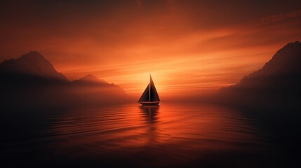Fototapeta premium Vintage seafaring vessel navigating open ocean at sundown, rich twilight hues, digital painting, tranquil voyage