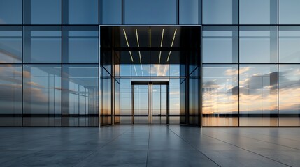 Sleek modern building entrance, Glass-fronted, Urban architecture, Digital illustration,