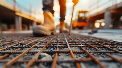 Steel mesh laid out, concrete construction site, construction worker and machinery in background