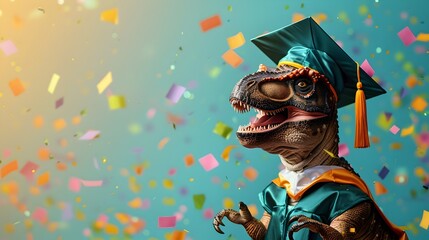 Fototapeta premium Surreal Tyrannosaurus Graduation Ceremony with Confetti Background