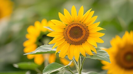 Obraz premium Close-up of a vibrant yellow sunflower in full bloom with a green background, showcasing nature's beauty and the essence of summer.